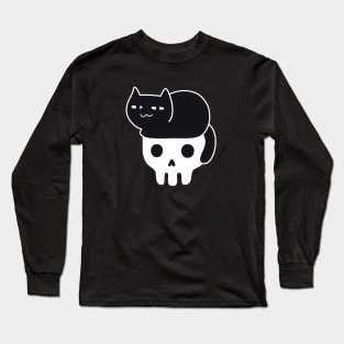 Skull with Black Cat Hair Long Sleeve T-Shirt